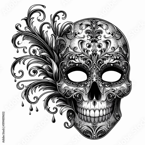 Ornate skull design with floral elements and intricate details, black and white