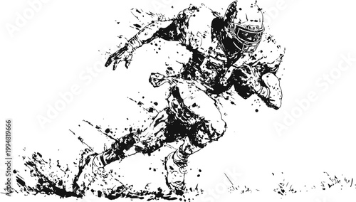 American football player running fast in uniform with helmet, splatter art dynamic illustration