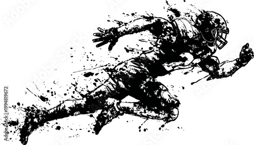 American football player running with ball dynamic ink splash illustration for sports design