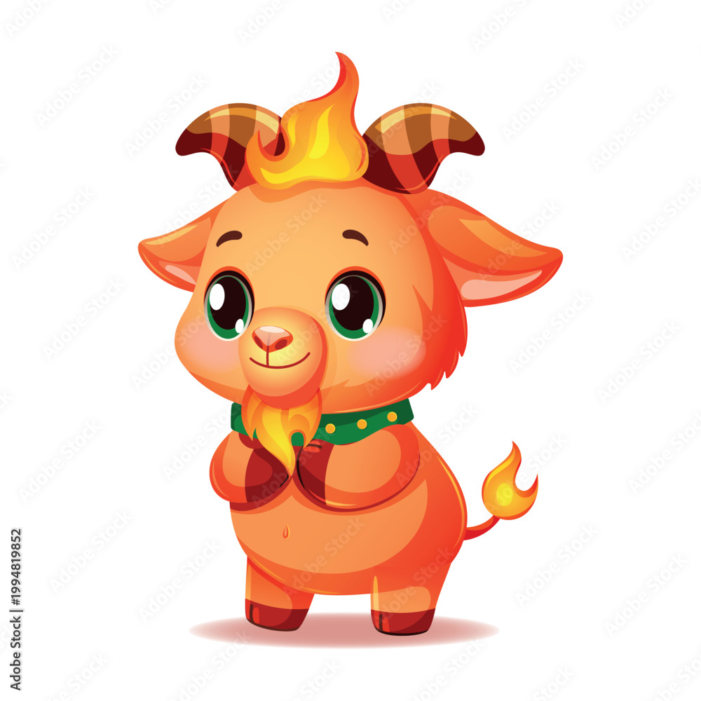 Fototapeta premium Cute Fire Goat Character Сalm Stands Half-Sideways, Chinese Zodiac New Year Symbol