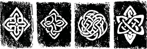 Set of four black and white celtic knot designs with intricate symmetrical patterns on textured background