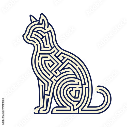 Cat Silhouette Made from Maze Pattern in Minimal Line Art Style