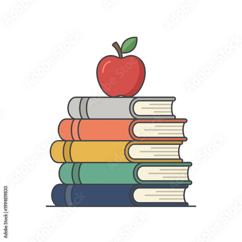 Stack of Colorful Books with Red Apple Education Concept Illustration
