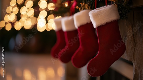 Row of Red Christmas Stockings Hanging from a Stone Fireplace with Cozy Holiday Ambiance and Soft Bokeh Lights