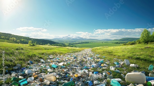 Rural Landscape Overwhelmed by Scattered Plastic Waste and Debris Under a Clear Blue Sky