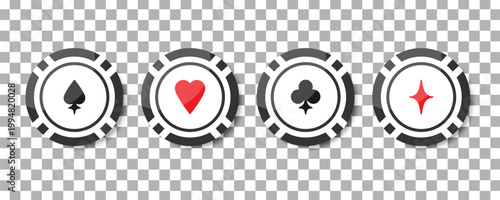 Casino chips with playing card suits symbols Hearts, Spades, Diamonds and Clubs on checkered background. Vector illustration