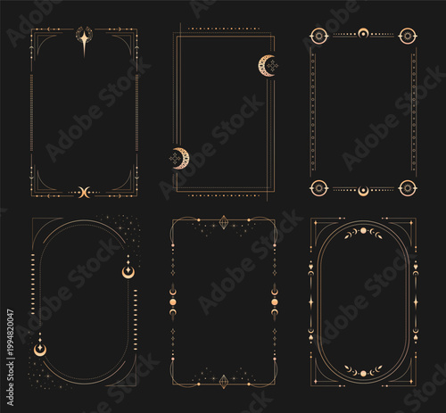 Magic golden Tarot card frames. Set of tarot card borders decorated with esoteric symbols and celestial elements. Vector illustration