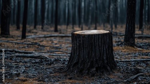Single tree stump stands as a stark reminder of deforestation and habitat loss in a desolate forest environment