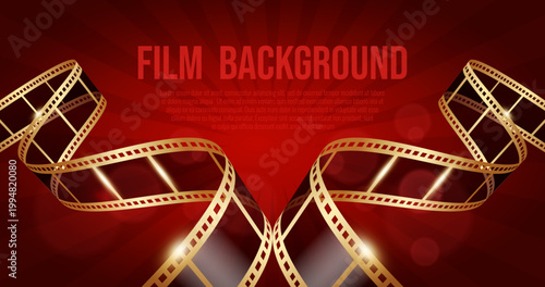Shiny movie film banner with curved golden filmstrips frame. Vector illustration