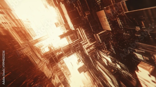 Intricate futuristic architectural structures bathed in warm, radiant light, showcasing complex digital design and modern technology
