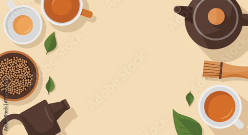 This flat lay vector graphic shows a top-down view of tea brewing items and drinks, creating a frame around a central beige space for text.