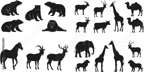 Wild and farm animal silhouette collection featuring bear deer lion giraffe elephant camel horse isolated black vector illustration set