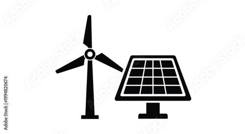 A simple black and white illustration depicts a wind turbine and a solar panel representing renewable energy sources