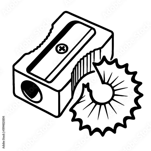 Manual Pencil Sharpener Vector Icon - Handheld Stationery Tool with Wood Shaving for School Supplies, Office Desk Equipment, and Creative Art Graphic Design.