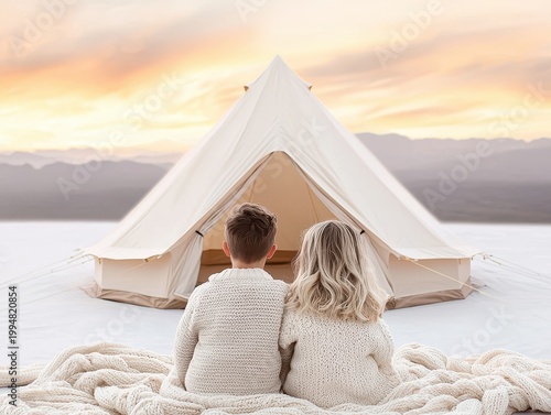 Two children in cozy sweaters sit on a blanket facing a white tent at sunset with mountains in the background.
