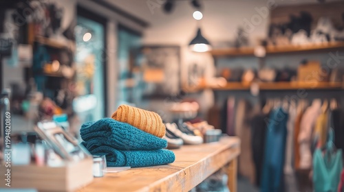 Warm knitwear clothing display in a modern boutique retail store showcasing cozy apparel on a wooden shelf