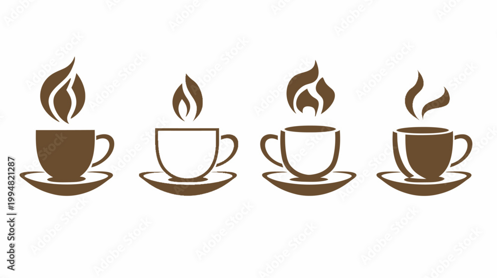 Obraz premium Four variations of steaming coffee cups icons sit neatly on saucers, on white