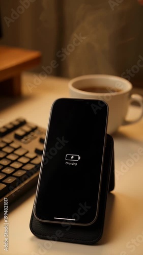 Warmly Lit Desk Scene Featuring a Textured Black Mobile Phone Charging on a Stand Next to a Keyboard and a Steaming Mug of Coffee on a Wooden Riser With Soft Background Lighting