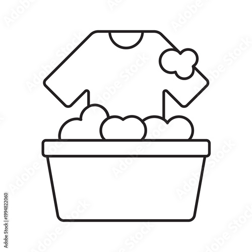 Line vector illustration of a wash basin filled with soapy water and clothes, symbolizing hand washing.