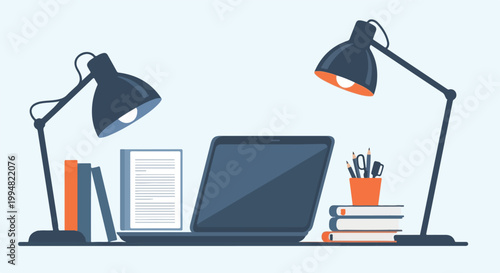 A minimalist flat vector illustration showing a tidy home office desk with a laptop, multiple books, a pen holder, and two bright desk lamps.
