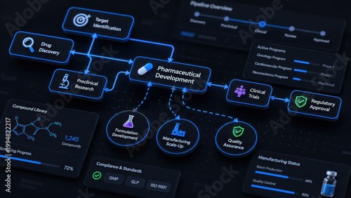 Pharmaceutical Development Process Flowchart with Stages of Drug Discovery and Clinical Trials