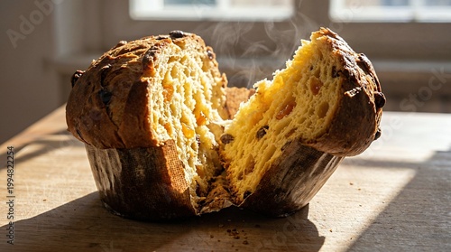 Traditional fruit panetone open with steam on rustic wooden table