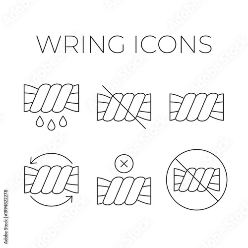 Set of line vector icons depicting various wring and do not wring laundry care instructions.