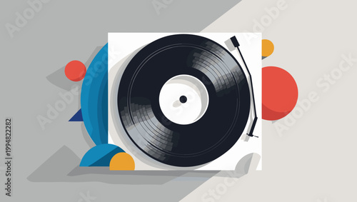 Vinyl record illustration on abstract colorful background with shadows
