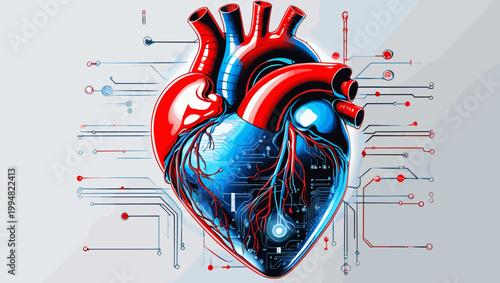 Digital heart design with circuitry and technology elements, futuristic and vibrant colors