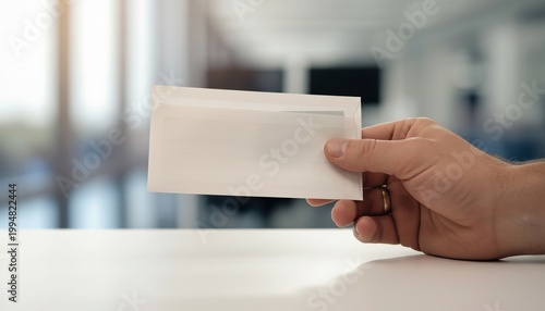 Hand Holding Thin Envelope in Bright Office Setting