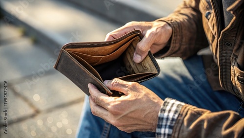 Man Holding Nearly Empty Wallet in Outdoor Urban Setting