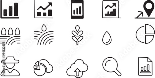 Collection of agricultural and data-related line icons