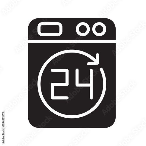 Solid vector illustration of a washing machine with a 24 hours sign, representing nonstop laundromat services.
