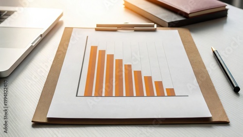 Declining Bar Graph on Desk with Office Supplies and Laptop