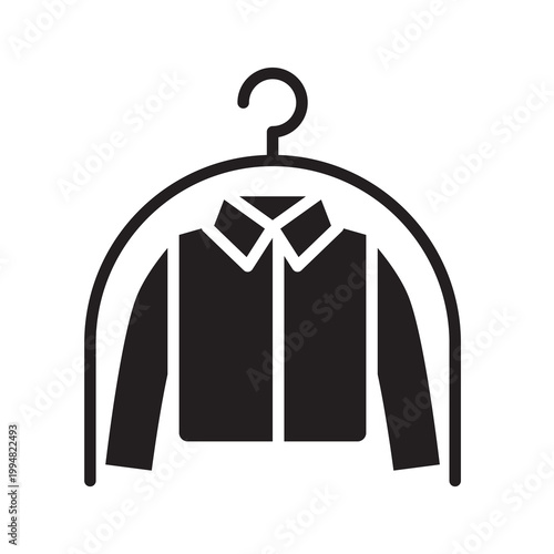 Solid vector illustration of a shirt or suit protected in a garment cover bag for dry cleaning.