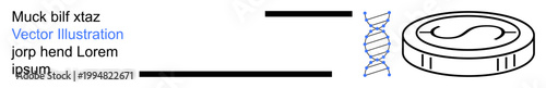 Genetic modification, biotech research, financial implications, medical advancements, innovation, science. A DNA helix connected to a coin. Genetic modification and biotech research concept
