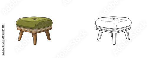 Padded footstool ottoman illustration in flat and line styles green and brown colors furniture item for leg rest or additional seating isolated on white background
