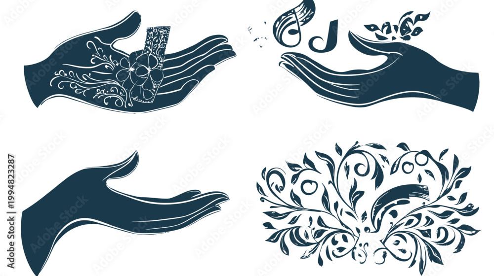 Obraz premium Silhouetted hands holding music notes, vines, flowers, and decorative elements in a white backdrop