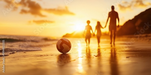 A soccer ball rests on a sunlit beach with a family holding hands walking along the shore during a golden sunset.