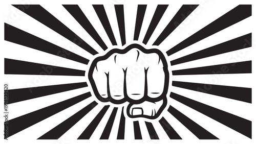 A black and white illustration of a clenched fist with sunburst rays behind it, symbolizing power and energy in a graphic design