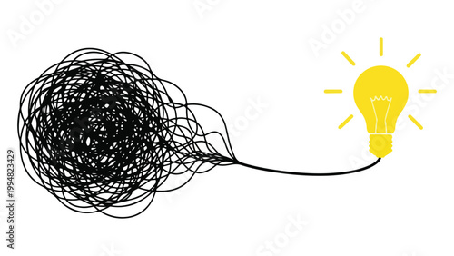 A tangled mess of black lines transforms into a bright yellow light bulb on a white background symbolizing clarity and inspiration