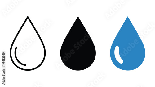 Three water droplets in different colors on a white background for design use