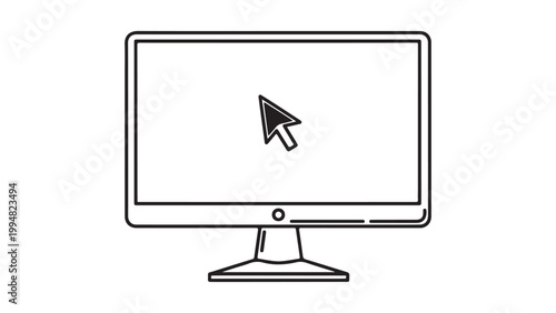 A black line drawing of a computer monitor with a mouse cursor on the screen isolated on white background