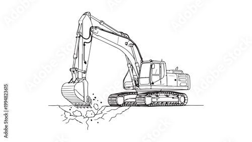 A black and white line drawing of an excavator digging into the ground with its bucket on a white background