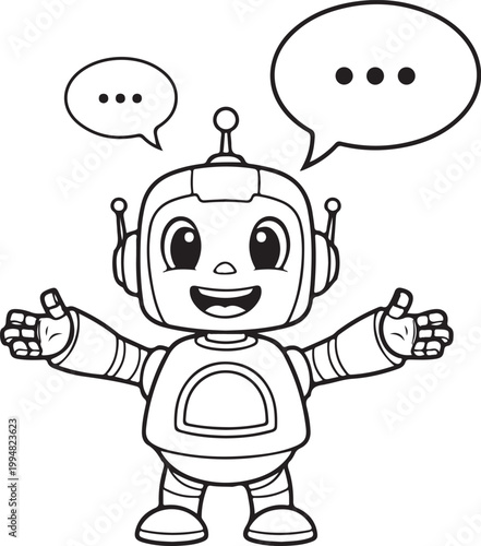 A cheerful cartoon robot with speech bubbles on a white background, looking friendly and approachable with open arms