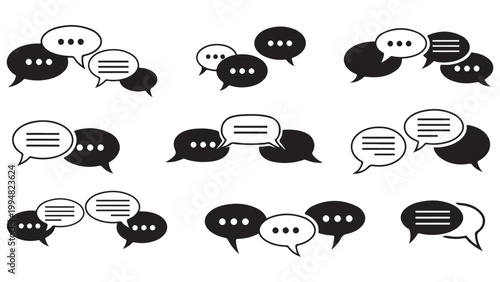 Collection of various chat and speech bubbles in black and white on a white background for communication and dialogue