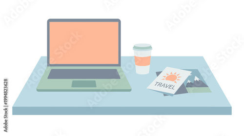 Flat lay of a laptop computer, disposable coffee cup, and travel brochures on a light blue tabletop with a clean white background.