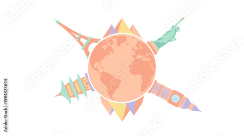 Illustration of a stylized sun with a globe at its center, surrounded by famous landmarks in a colorful, flat design against a white background.