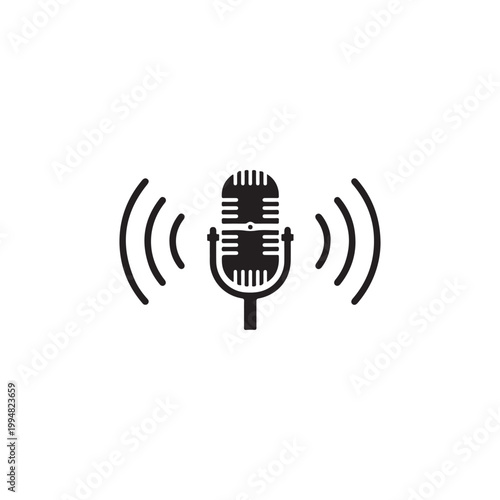 Black and white illustration of a vintage microphone with sound waves on isolated white background