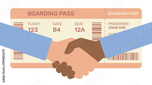 Illustration of two hands shaking over a boarding pass with a barcode and flight details on a peach background.